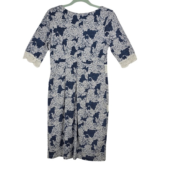 Rabbit Rabbit Designs Dress Woman Size 8 Blue White Paisley Lace Trimmed Midi - Picture 2 of 12